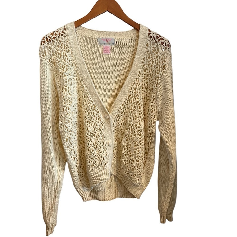 Vintage 90s cream cotton floral crochet knit cardigan open weave cardigan Boho - Picture 2 of 9